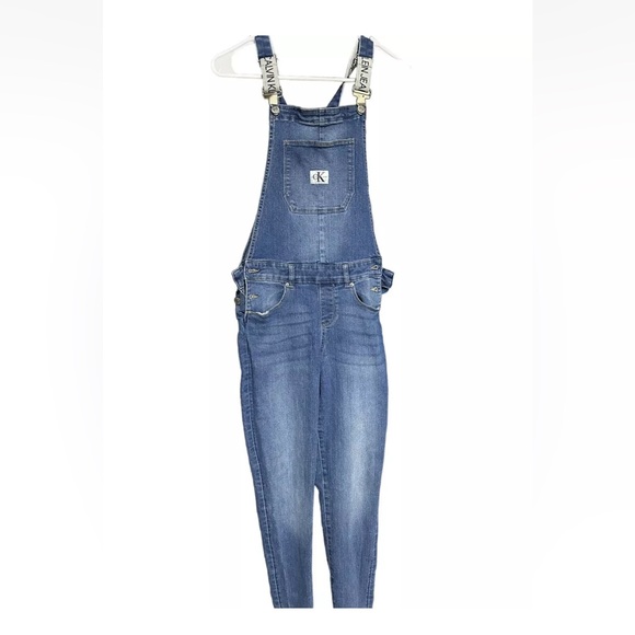 CALVIN KLEIN Skinny Denim Overall Girls' 14 Authentic Pockets Buttons Logo Strap - Picture 1 of 5